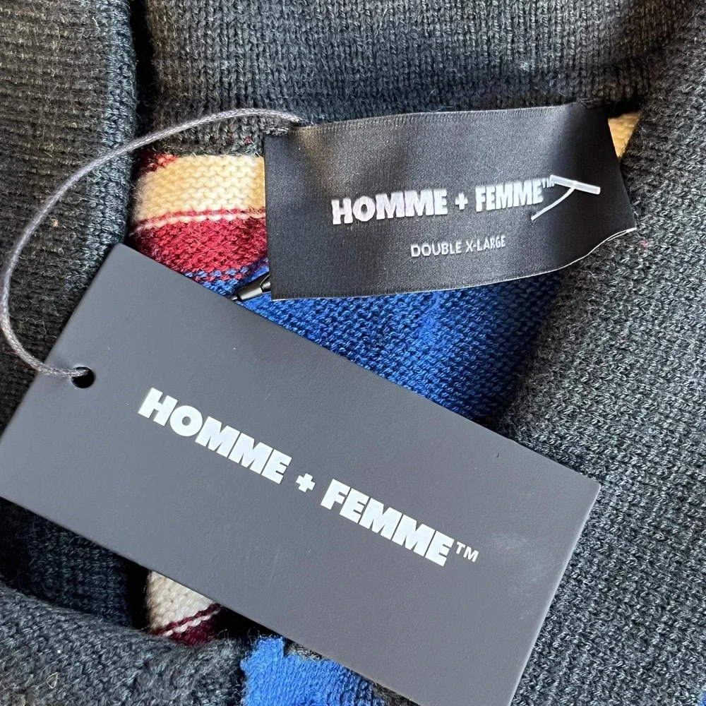 HOMME + FEMME Sweater Mens 2XL‎ Blue Yellow Striped Polo Collar Knit Logo Patch